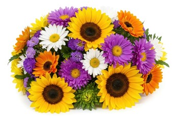 Colorful flower arrangement of sunflowers, daisies, and asters on white background