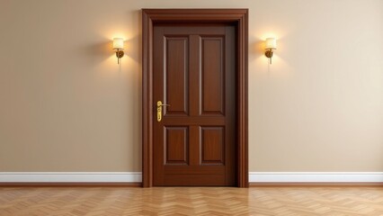 Closed wooden door in the empty room with copy space