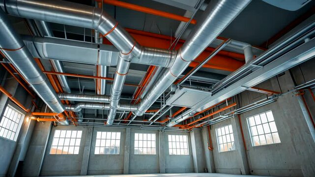 Interior of industrial building ceiling featuring exposed HVAC duct system with metallic pipes and support beams