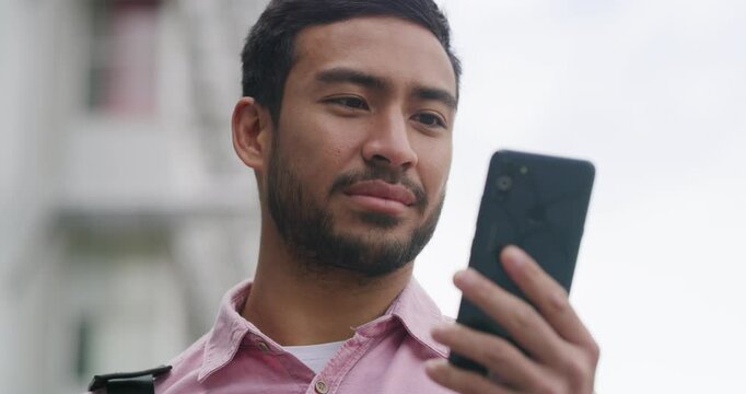 Phone, search and reading with man in city for ehailing service, taxi cab app or communication. Location, networking and rider request with person and mobile for transport tracking, travel and online