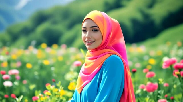 Woman in colorful hijab amidst a vibrant flower field