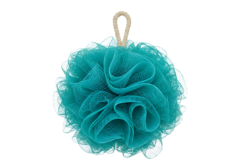 Vibrant teal loofah bath sponge hanging with natural rope loop Isolated on transparent background