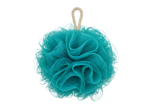 Vibrant teal loofah bath sponge hanging with natural rope loop Isolated on transparent background