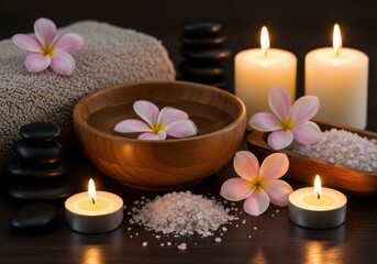 Spa still life with frangipani flowers and candles on dark surface