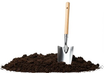 Shovel standing in a pile of dark soil against white background