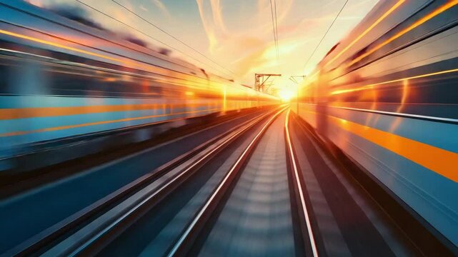 High speed trains in motion blur on railway tracks at sunset, showcasing speed, transportation, and travel dynamics