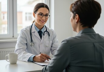 Female doctor consulting with patient in office setting at desk