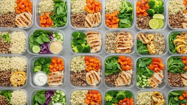 Colorful meal prep containers filled with healthy ingredients like chicken, quinoa, and vegetables