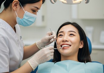 Asian woman receiving dental checkup from dentist wearing mask and gloves