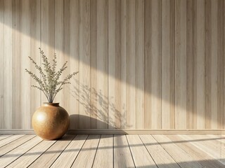 Minimalist Wooden Interior with Sunlight and Vase