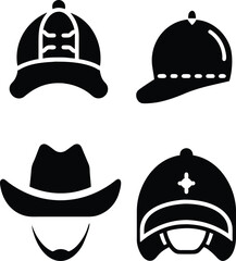 Naklejka premium set of 4 baseball caps vectors icons black and white , cloths, print on demand, hats, apparel