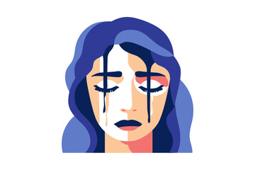 Abstract portrait of a crying woman with colorful dripping elements. Woman in tears, woman in depression. Concept of mental disorder, affliction, sorrow and anxiety.
