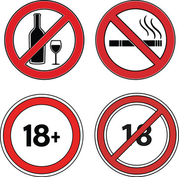No Alcohol Smoking 18+ Signs  vector Icons set  &ndash;  Clean Prohibition Symbols Background, Minimal Safety Icons Design