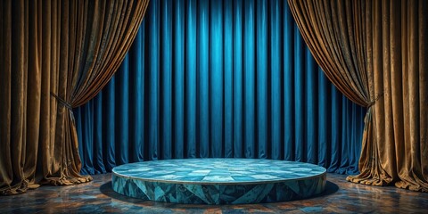 Elegant Stage with Blue Curtains and Circular Platform