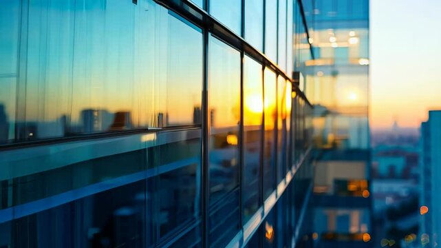 A stunning sunset reflects off the glass facade of a modern urban building, showcasing vibrant colors against the city skyline, perfect for architectural and urban-themed projects. - Powered by Adobe