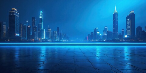 Futuristic Cityscape at Night with Reflective Water and Neon Lights