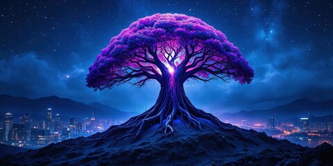 Mystical Tree Glowing in Night Sky Over Cityscape