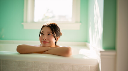 バスタブで微笑む日本人女性の癒し時間