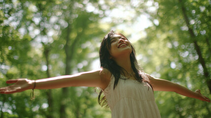 Naklejka premium 森林浴で深呼吸する女性