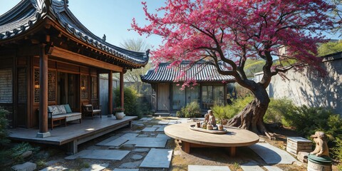 Traditional Korean Garden with Cherry Blossom Tree and Wooden Pavilion