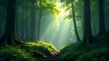 A path in the forest illuminated by the bright rays of the sun