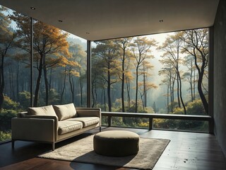 Modern Living Room with Forest View