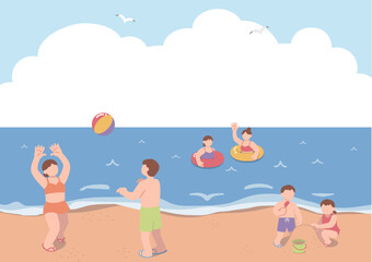 海水浴を楽しむ人物達の風景イラスト