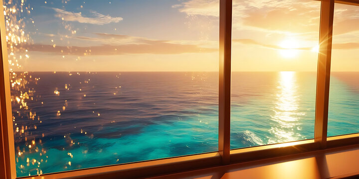 Fototapeta Colorful Sunset Over Calm Ocean Seen from Window  