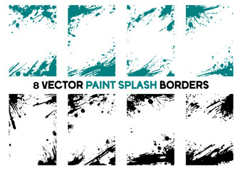 Set of 8 vector paint splash borders in teal and black. These dynamic grunge frames and corner elements are perfect for adding an artistic, edgy touch to various design projects.