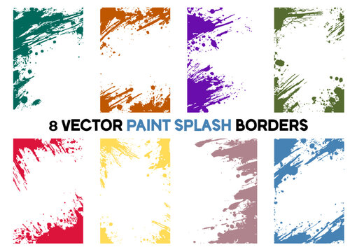 Set of 8 colorful vector paint splash borders. Abstract grunge ink stroke elements. Isolated splatter frames for vibrant and creative designs.