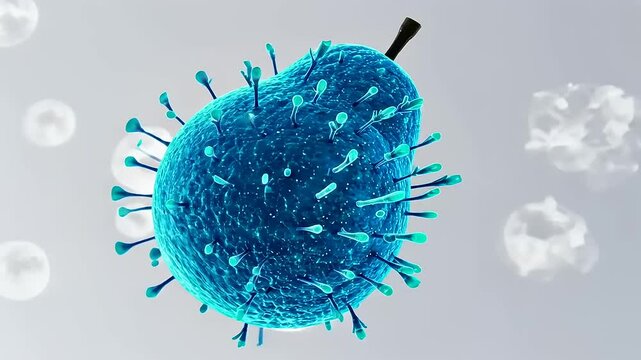 Blue virus-like structure with protruding spikes floating in a minimalistic background