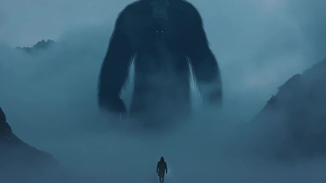A tiny figure stands in the foreground, dwarfed by a colossal creature in a dense foggy landscape, evoking themes of mystery and adventure.