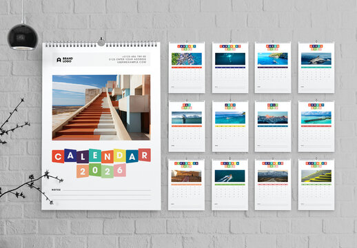 Colorful 2026 Wall Calendar Template with Photo Layouts
