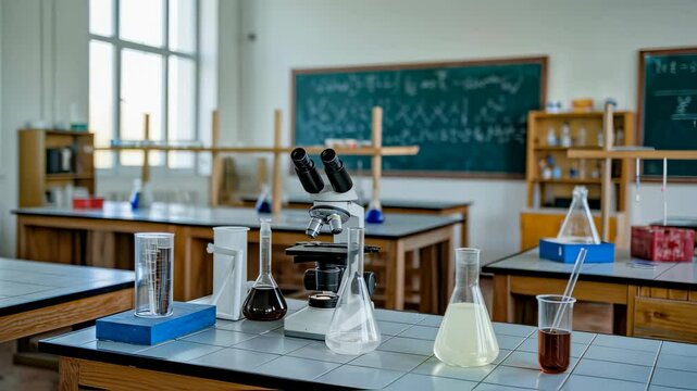 Empty school or university chemical laboratory with educational equipment like microscope and beakers with liquid on wooden table, science footage.