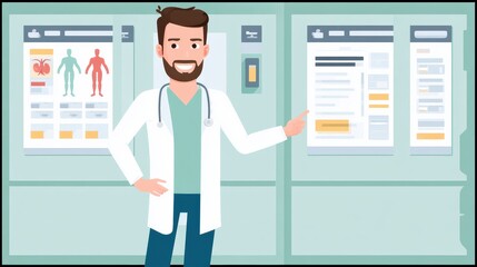 A cheerful doctor in a white coat smiles confidently while pointing at medical charts on the wall, representing healthcare and medical consultation in a modern clinic environment.