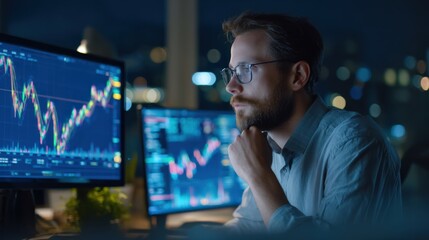 A man analyzes stock market data on multiple computer screens in a dimly lit office at night.