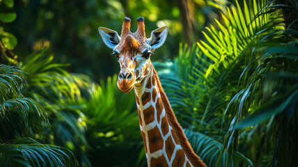 Obraz premium Portrait of a giraffe against a background of green foliage. In wildlife articles, educational materials, travel blogs.