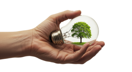 Human hand holding light bulb with green tree inside on white background