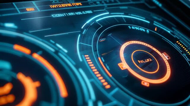 Close-up view of a futuristic dashboard interface featuring vibrant neon colors and circular controls, designed for interactive user engagement and data visualization.