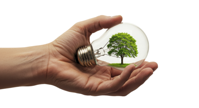 Conceptual image of hand holding light bulb containing a vibrant green tree.
