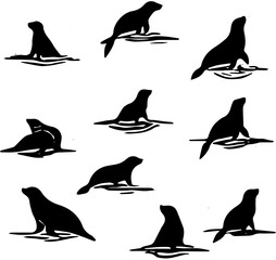 vector silhouettes of walrus