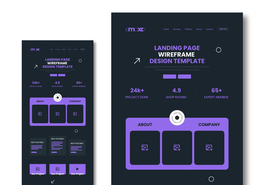 Modern Dark Wireframe Layout Template for Landing Page Design