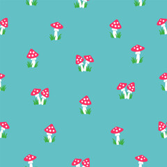 Vector seamless pattern Amanita mushrooms on a light blue background