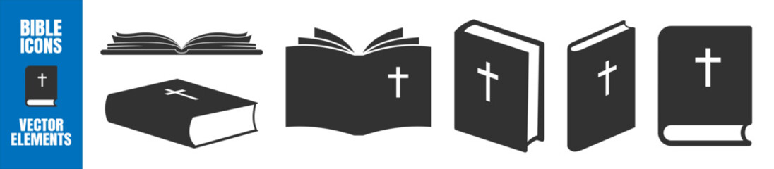 Bible Icon Set. Christian Holy Book Symbols, Black and Line Style Vector Illustrations on Transparent Background