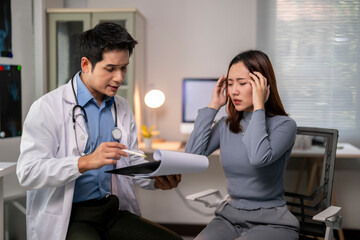 A woman sits in a doctor's office with her head in her hands