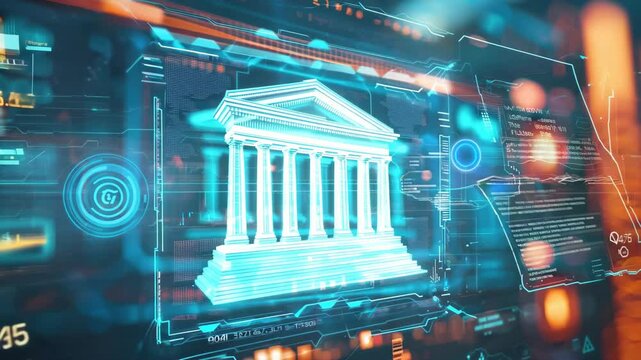 This image illustrates the concept of digital transformation in the legal sector, showcasing a futuristic courthouse integrated with advanced technology.