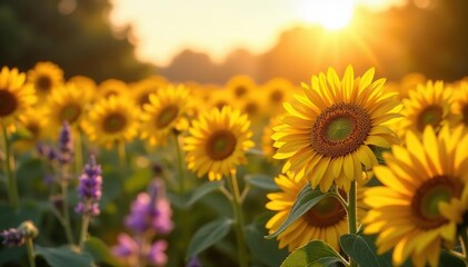 Obraz premium Golden hour light bathes a field of sunflowers, daisies, and lavender Soft focus, textured beauty , rural, yellow, field