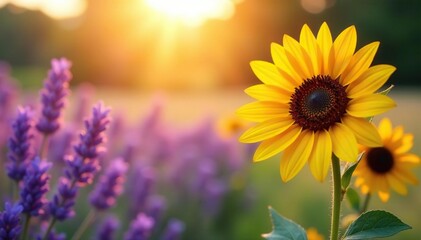 Obraz premium Vibrant lavender, daisy, sunflower bouquet, sunlit field , purple, bloom