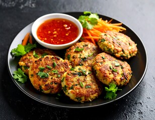 Pan-fried fish cakes served with a spicy sauce and shredded carrots