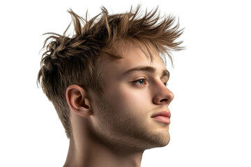 Young adult portrait side view with spiky hair, cut out transparent